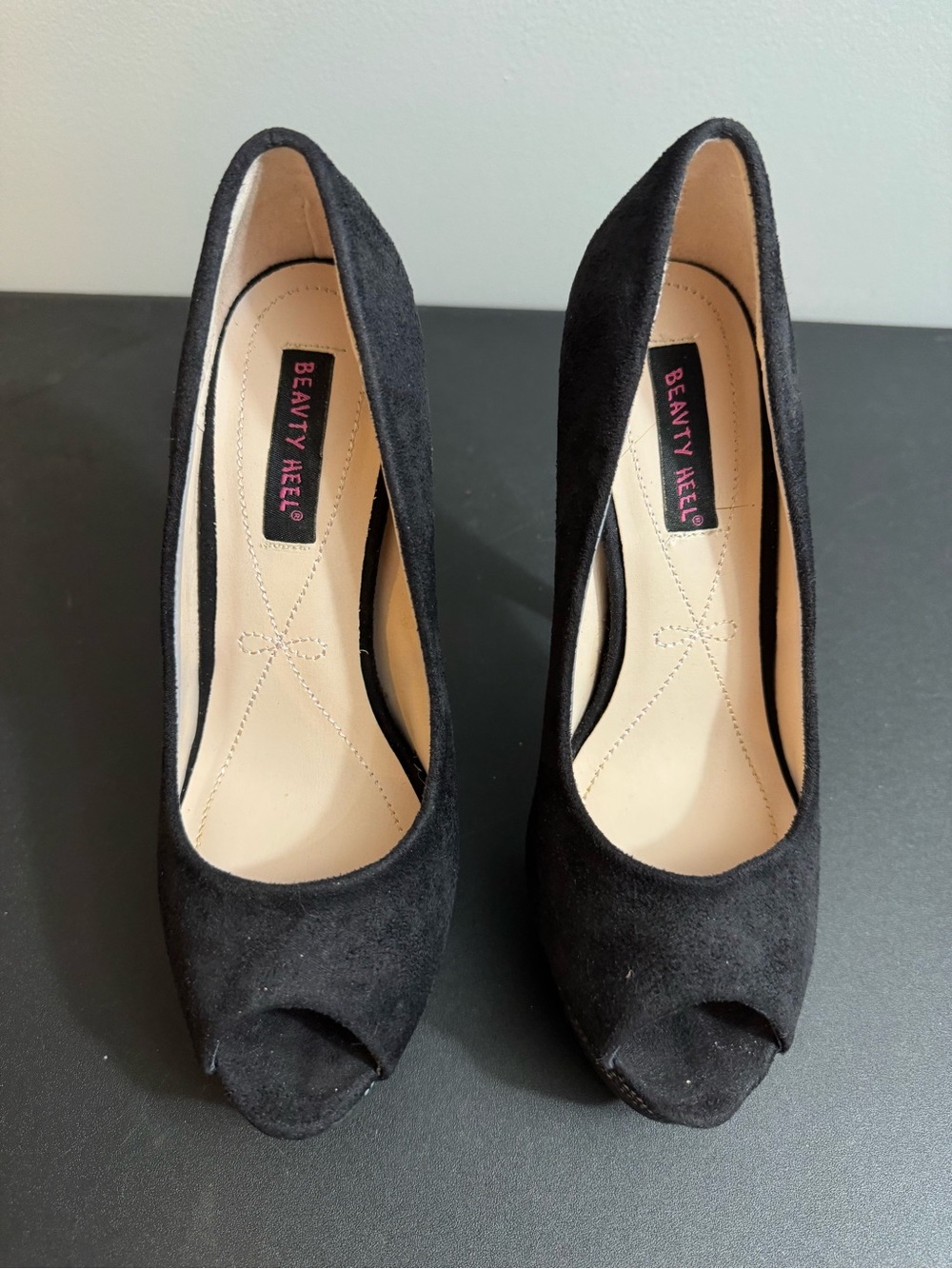 Black Suede Peep-Toe Pumps